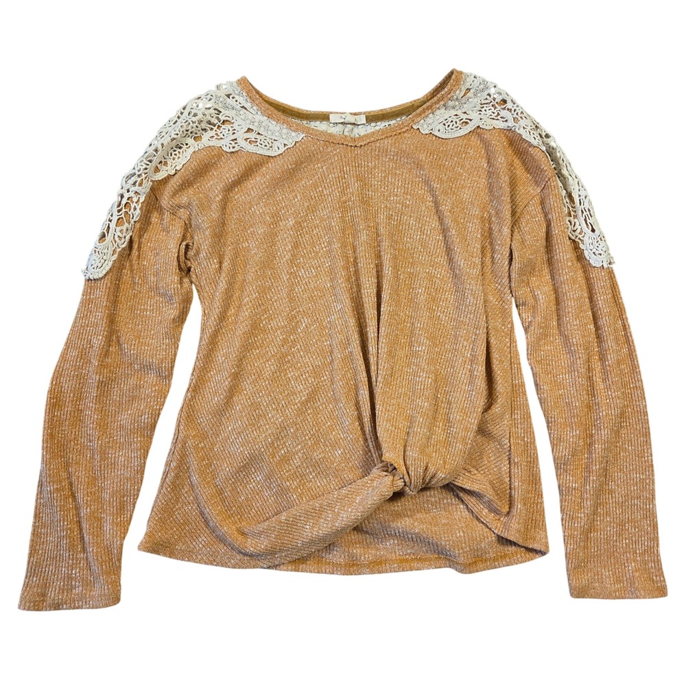 Maurices Women Mustard Yellow Ribbed Crochet Lace Top M Long Sleeve Boho Western